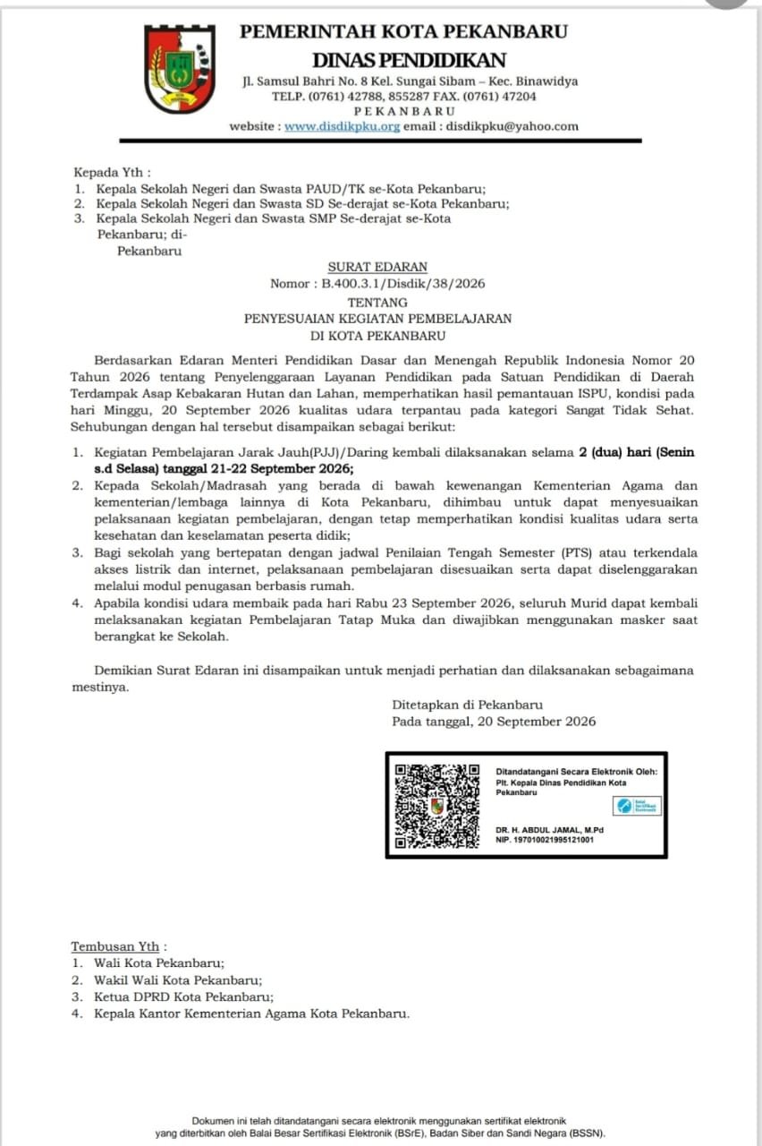 Surat edaran (SE) Pemerintah Kota Pekanbaru yang diteken Walikota Agung.