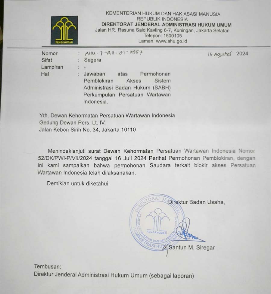 Surat Pembekuan PWI Hendry Ch. Bangun leh Kementerian Hukum dan HAM RI pada 9 Juli 2024